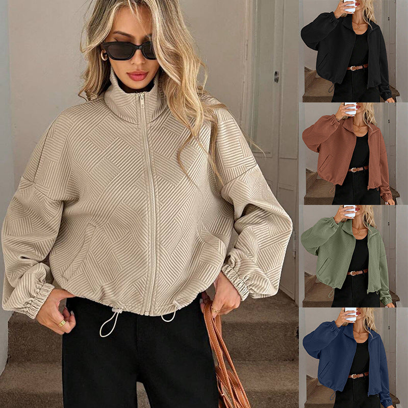 Textured High Neck Drawstring Jacket