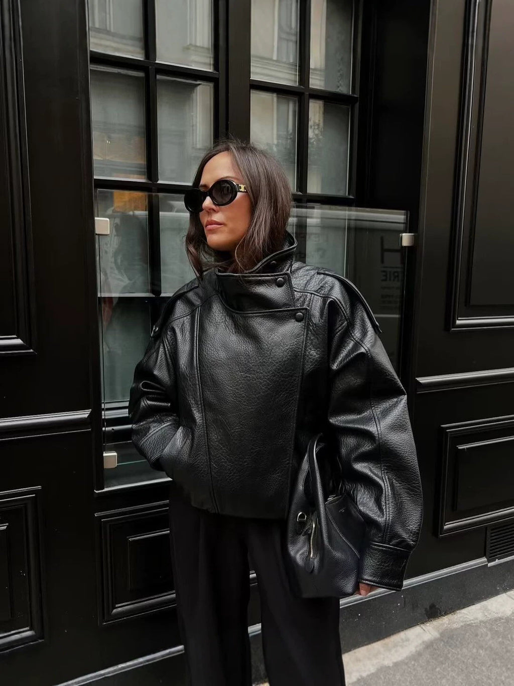 Oversized Faux Leather Bomber Jacket