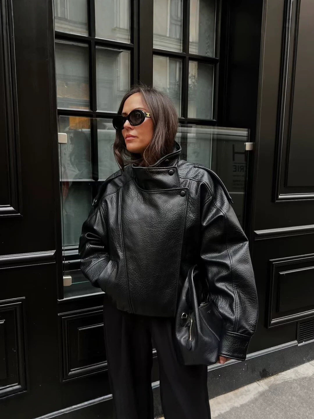 Oversized Faux Leather Bomber Jacket