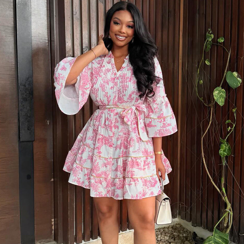 Printed V-Neck Flare-Sleeve Dress