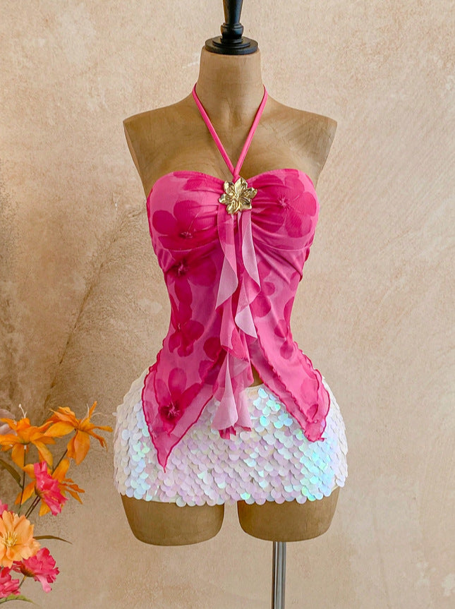 Floral Accent Mesh Halter Top