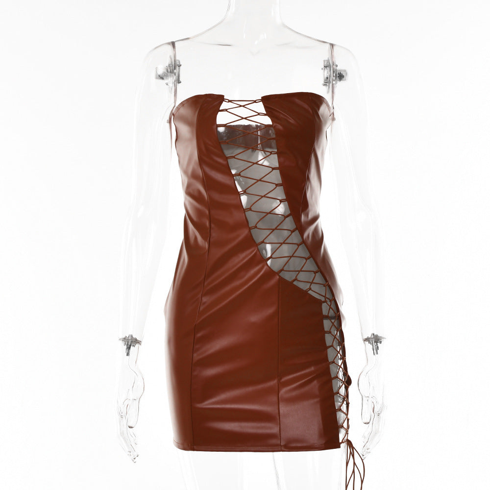Seductive Lace Up Faux Leather Mini Dress