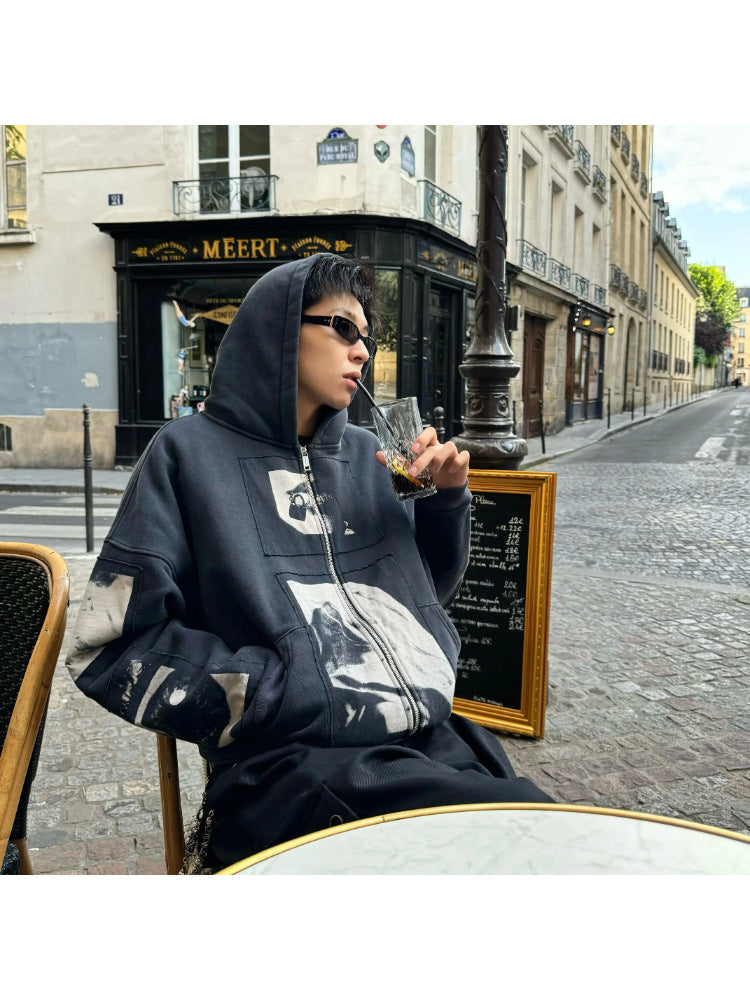 Distressed Graphic Zip-Up Hoodie