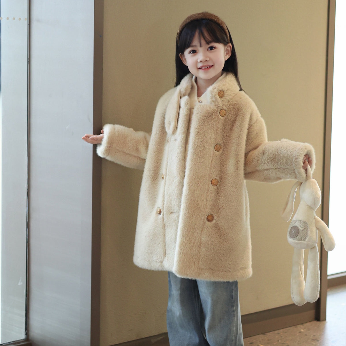 Girls' Faux-Fur Mid-Length Coat