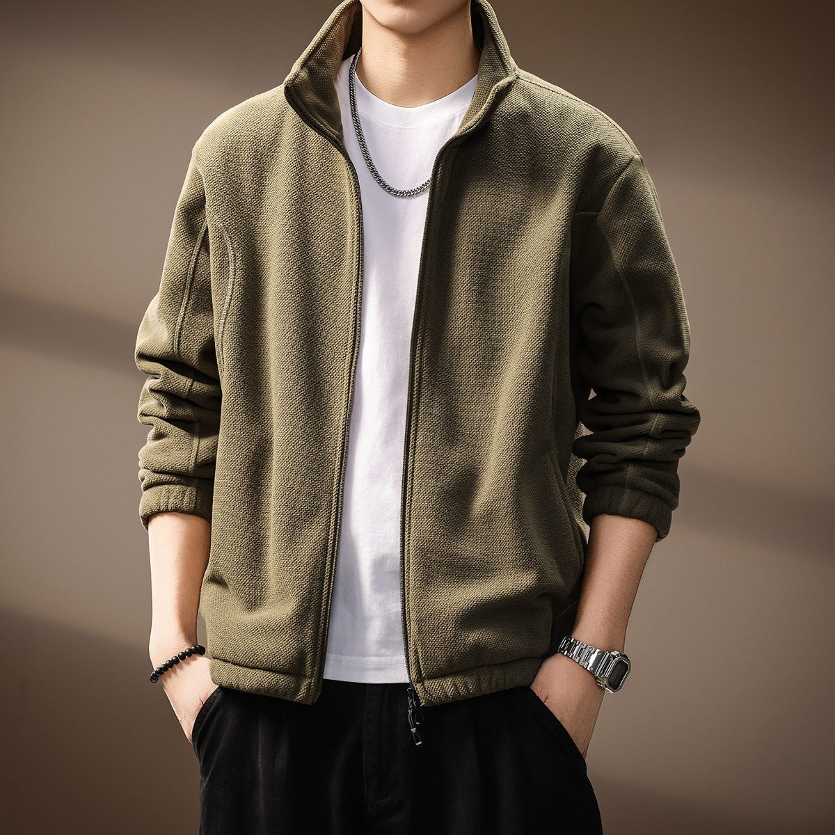 Textured Stand-Collar Zip Jacket