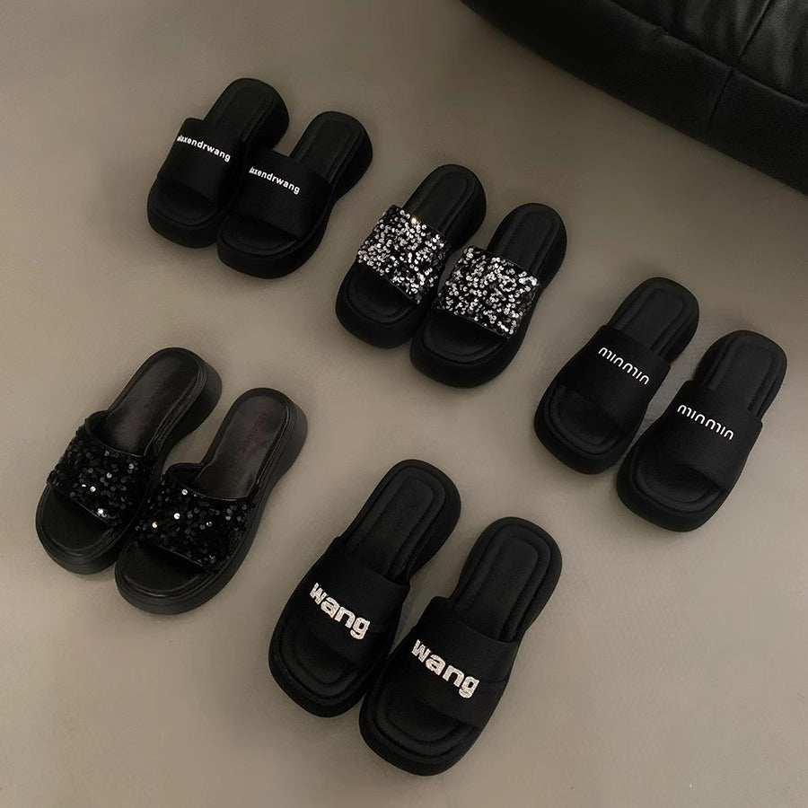 Black Sequin Platform Slides