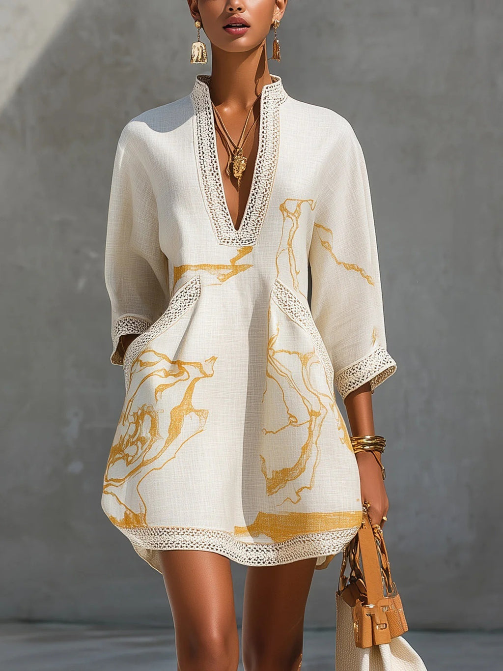 Lace V-Neck Printed Mini Dress