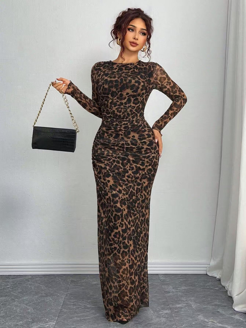 Elegant Printed Mesh Ruched Maxi Dress