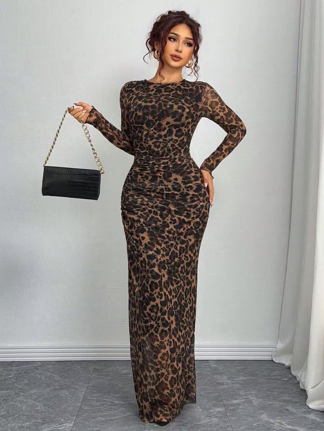 Elegant Printed Mesh Ruched Maxi Dress