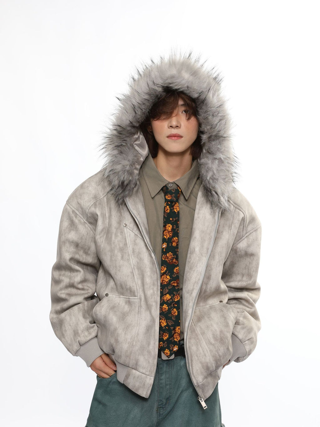 Faux-Fur Hooded Distressed Bomber