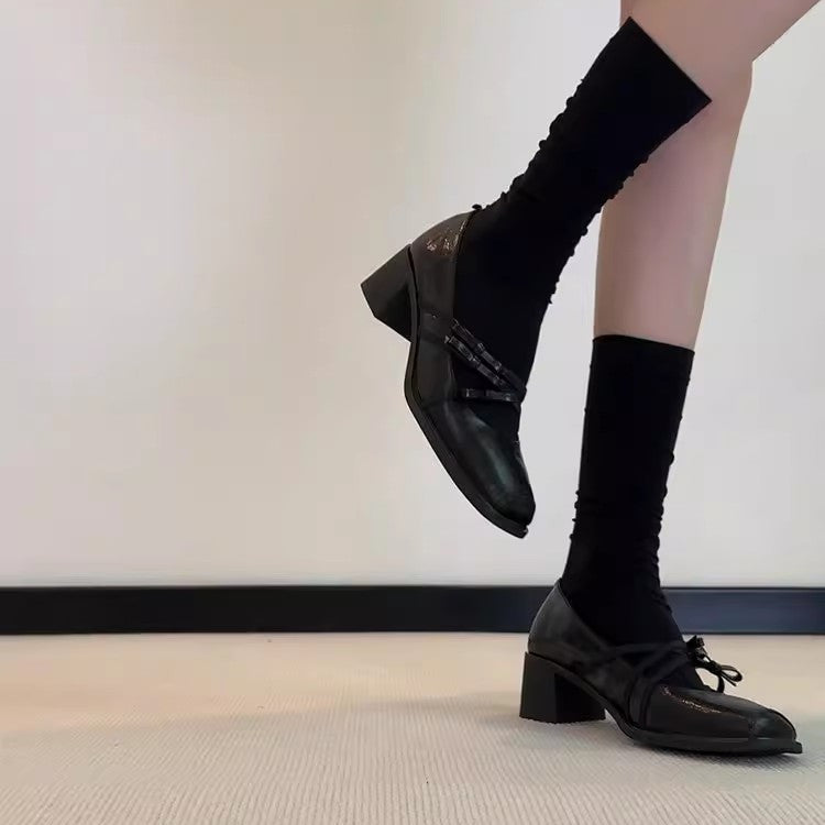 Square-Toe Bow Mary Jane Heels