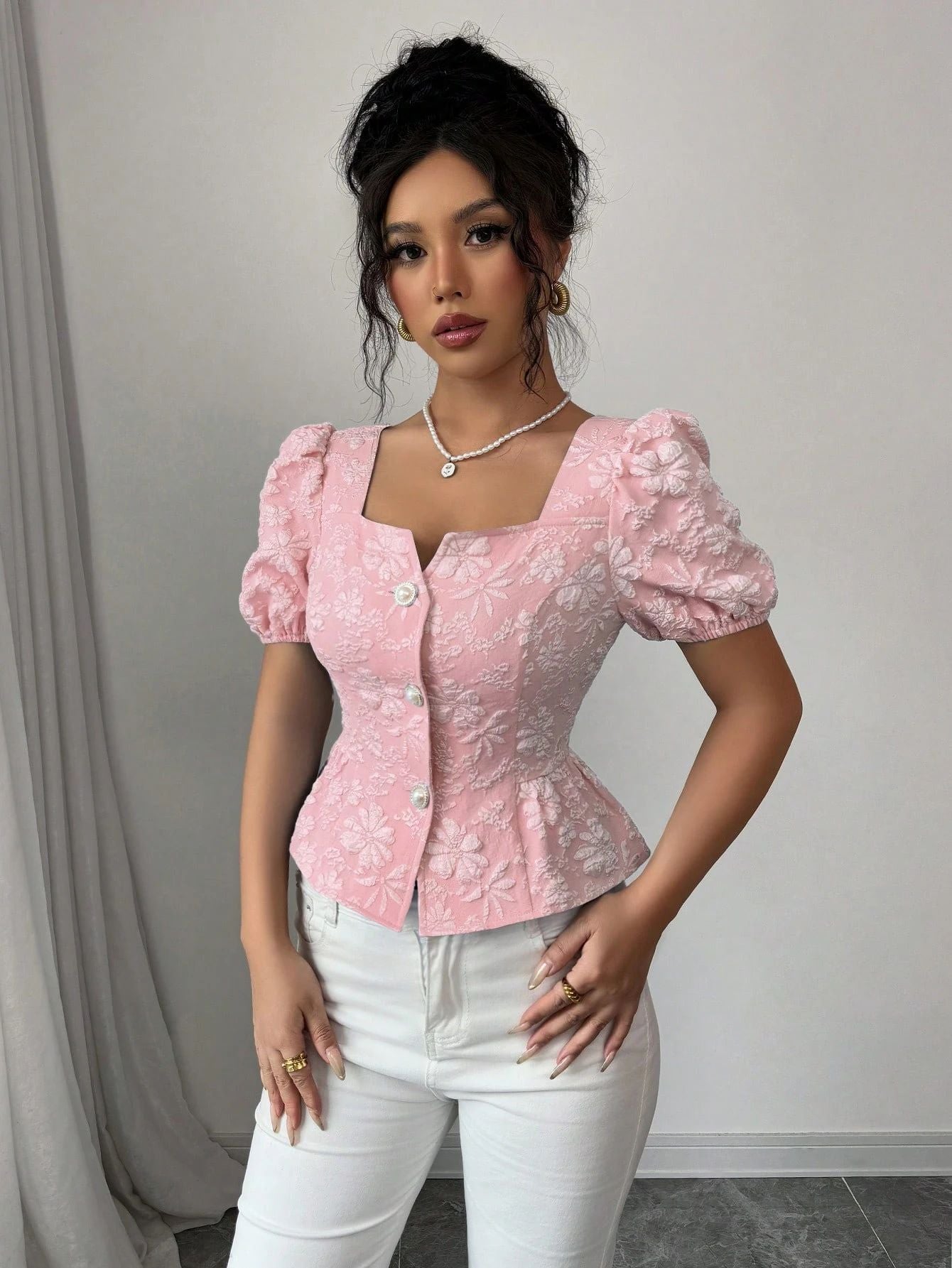 Floral Jacquard Puff Sleeve Peplum Top
