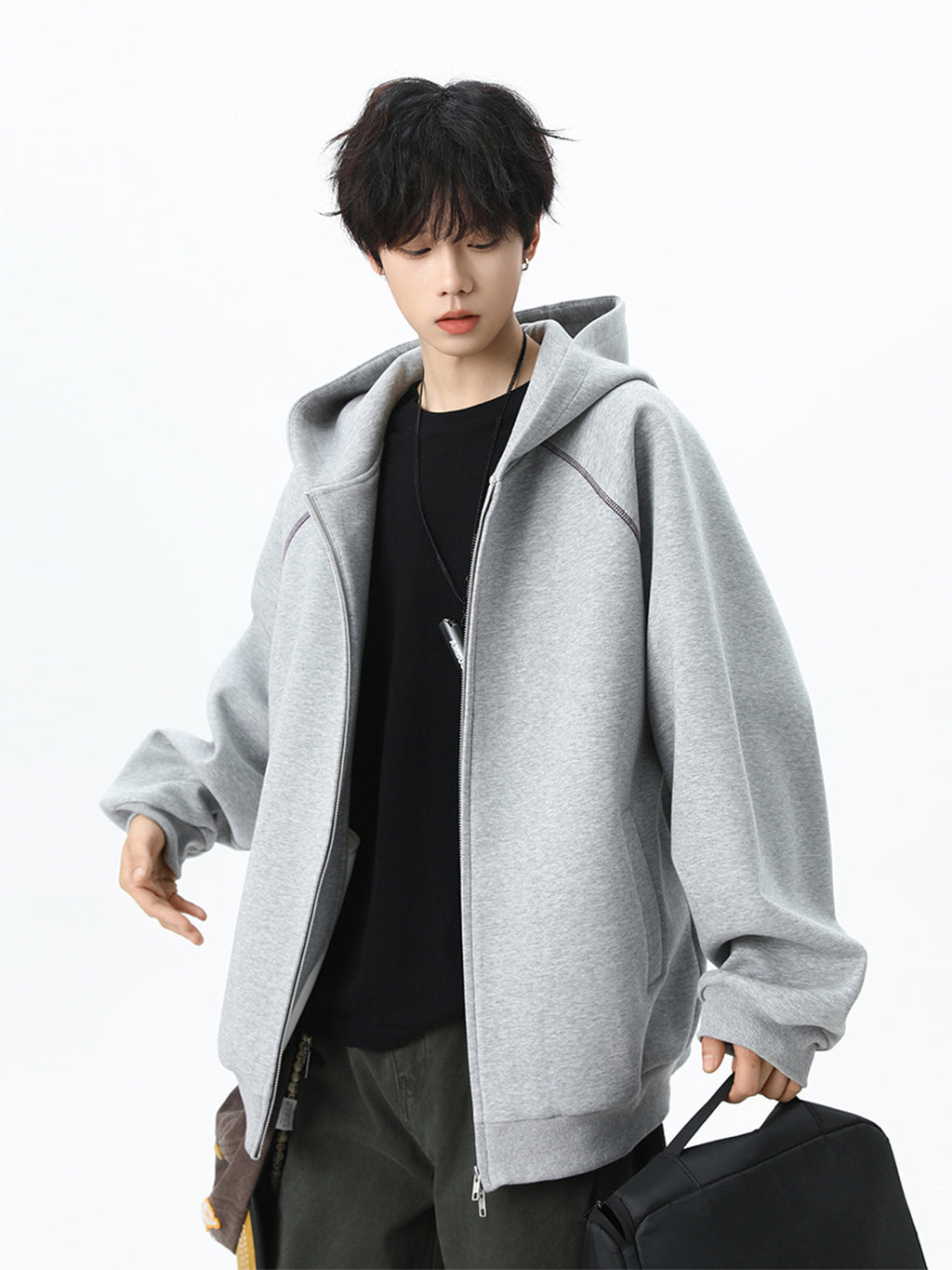 Oversized Contrast-Stitch Zip Hoodie