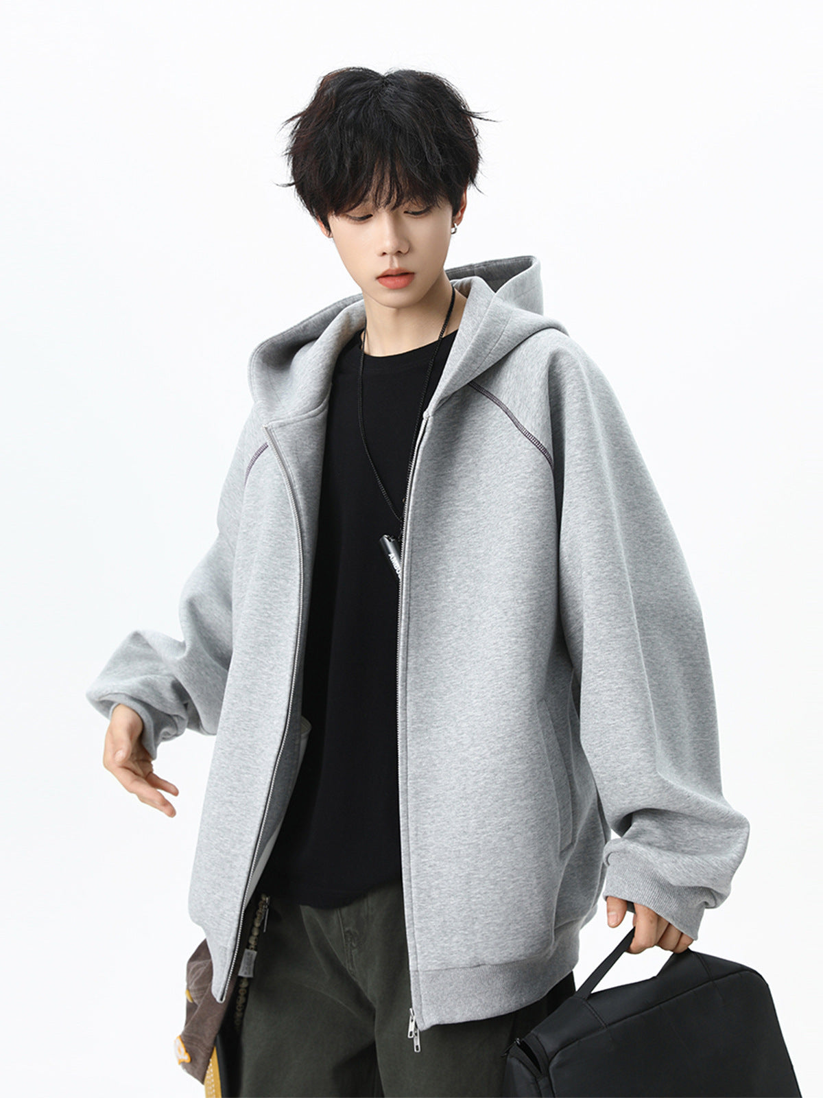 Oversized Contrast-Stitch Zip Hoodie
