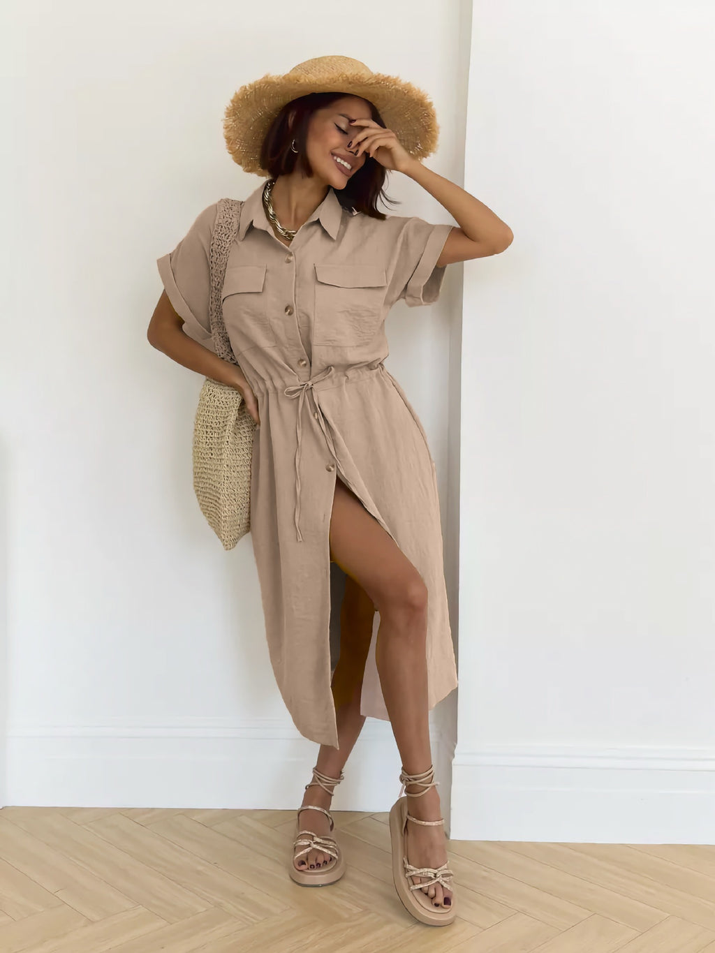 Drawstring Waist Shirt Dress
