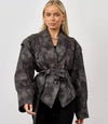 Lapel lace-up long-sleeved coat - patterned