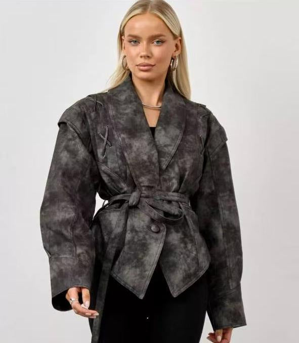 Elegant Faux Leather Belted Jacket