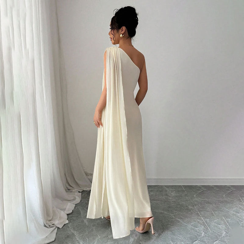 Elegant Mesh One Shoulder Draped Maxi Dress