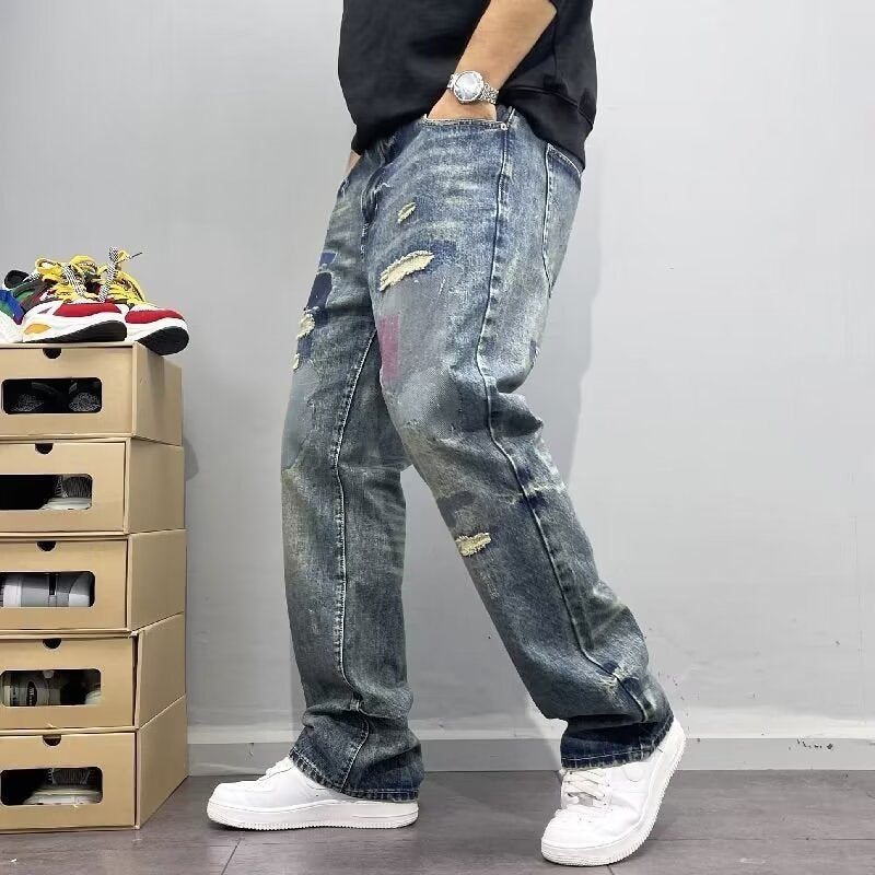 Distressed Patchwork Straight-Leg Jeans