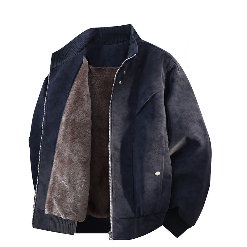 Fleece-Lined Suede Bomber Jacket