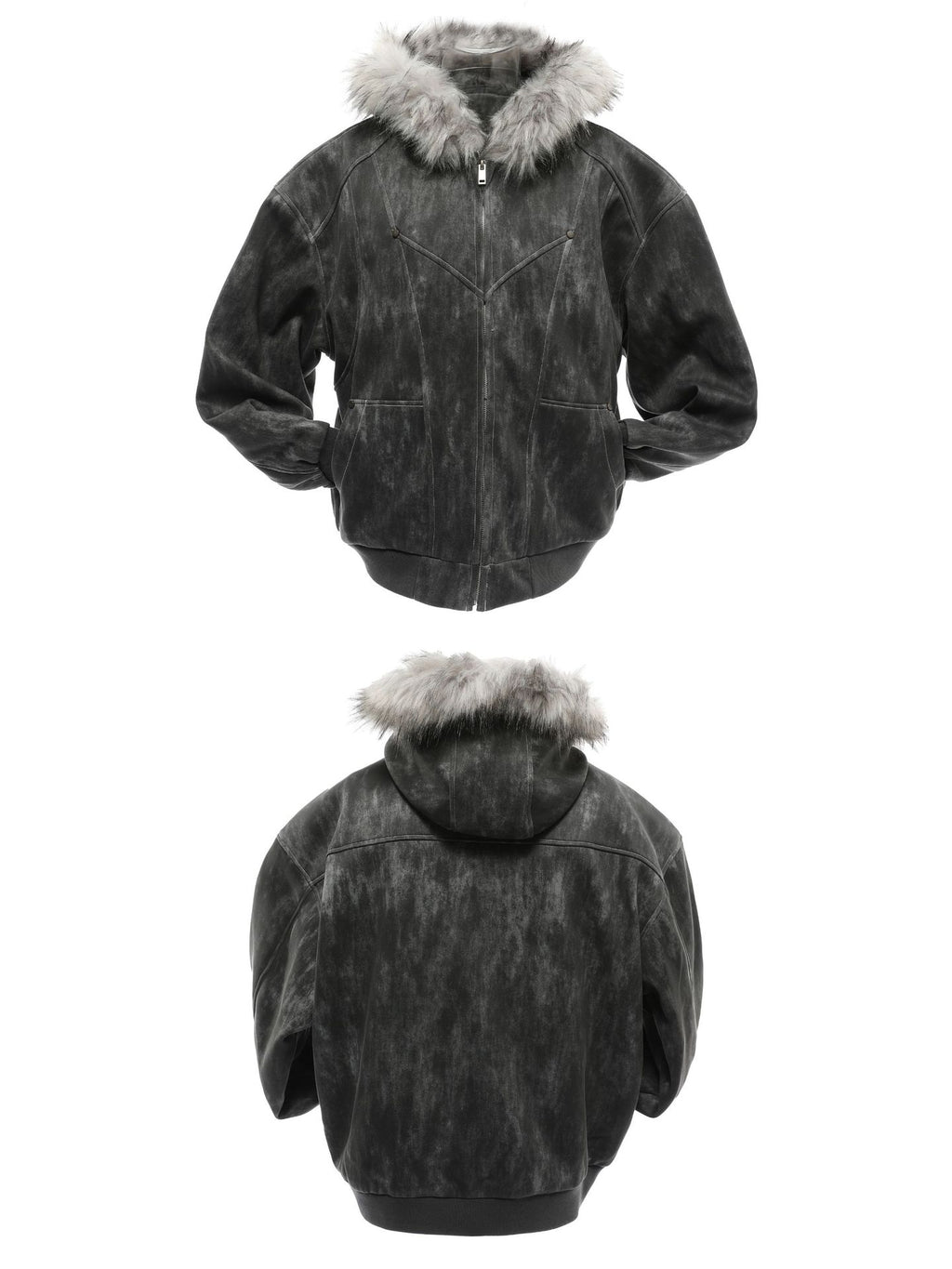 Faux-Fur Hooded Distressed Bomber