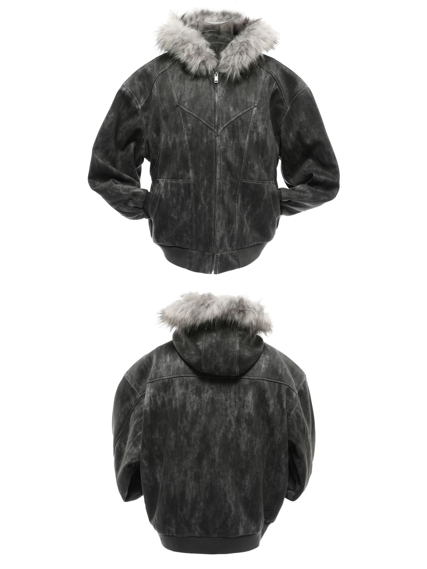 Faux-Fur Hooded Distressed Bomber
