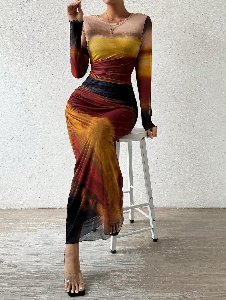 Elegant Printed Mesh Ruched Maxi Dress