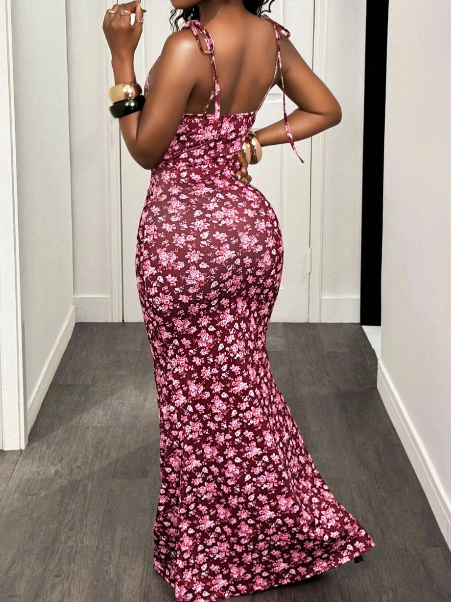 Floral Lace-Up Mermaid Dress