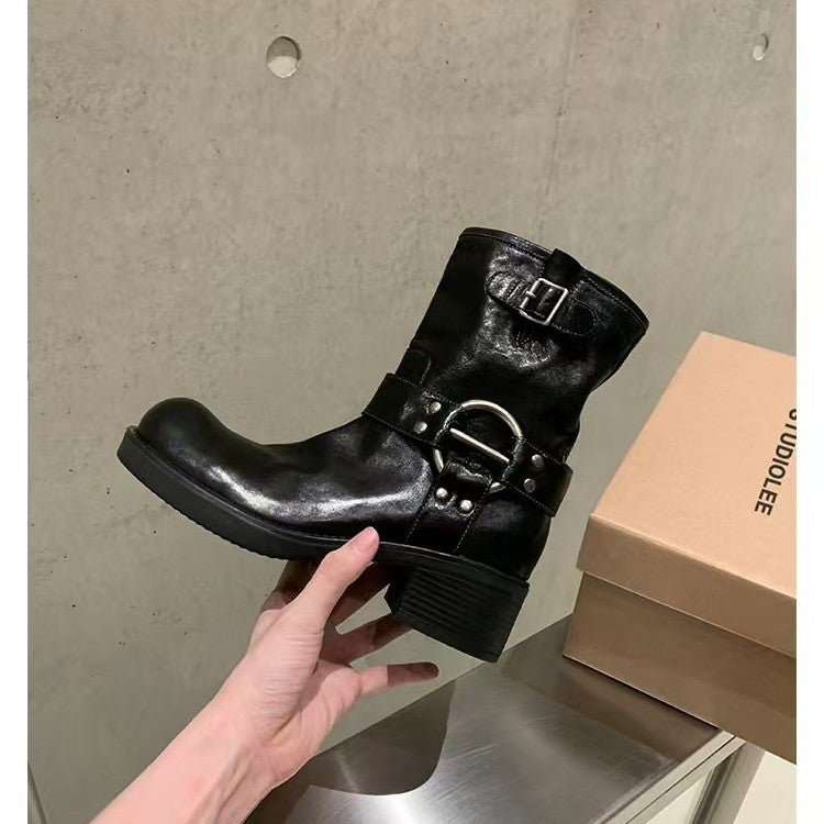 Buckle Leather Ankle Boots