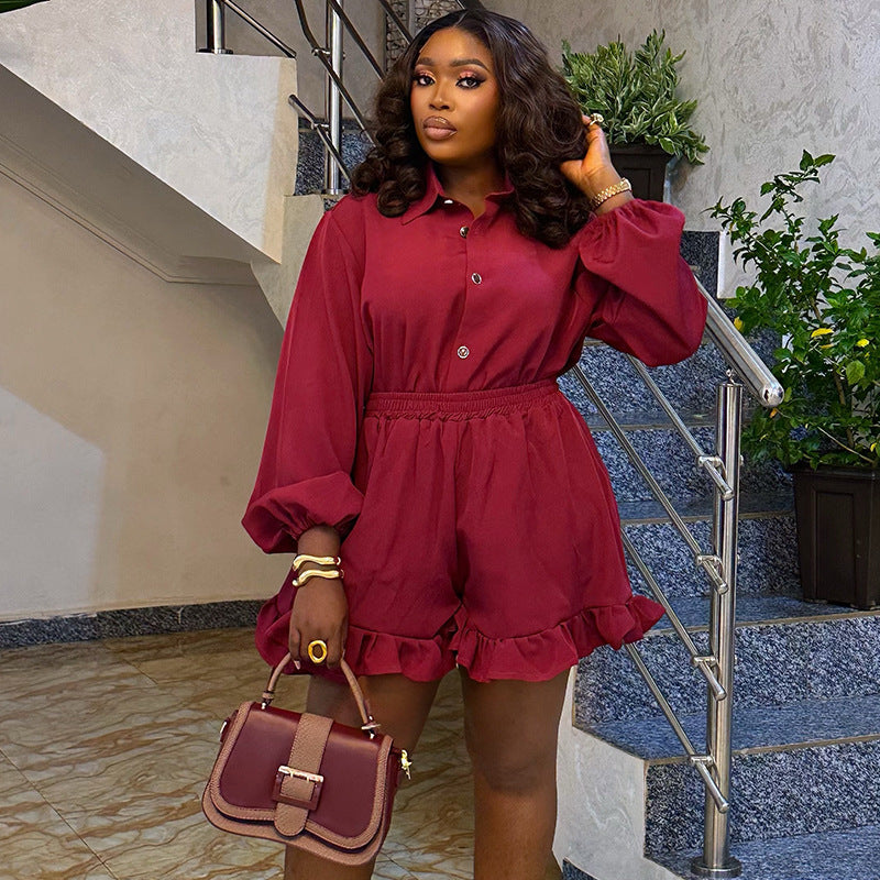 Relaxed Shirt & Ruffle Shorts Set