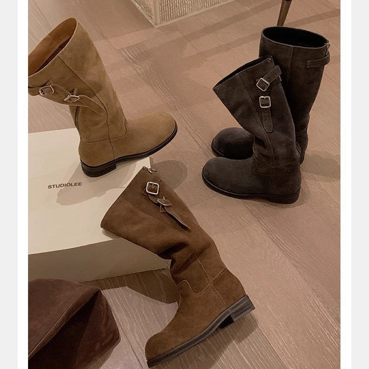 Buckle-Zip Leather Boots
