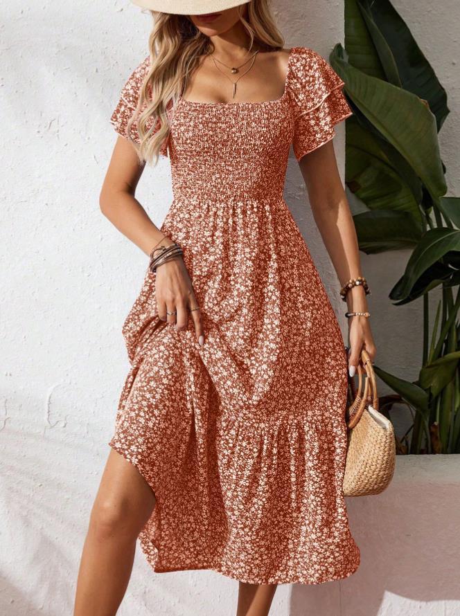 Floral Smocked Square-Neck Midi Dress
