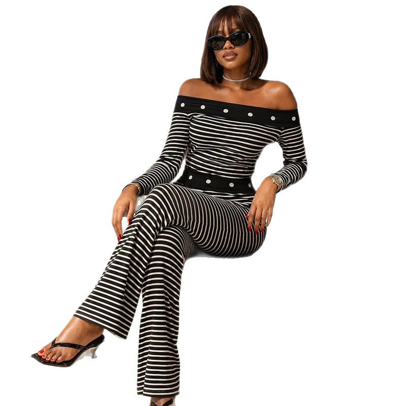Striped Long-Sleeve Top & Wide-Leg Pants Set