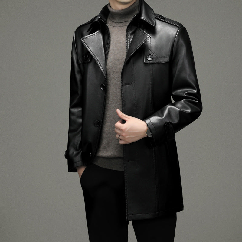 Mid Length PU Leather Trench Coat