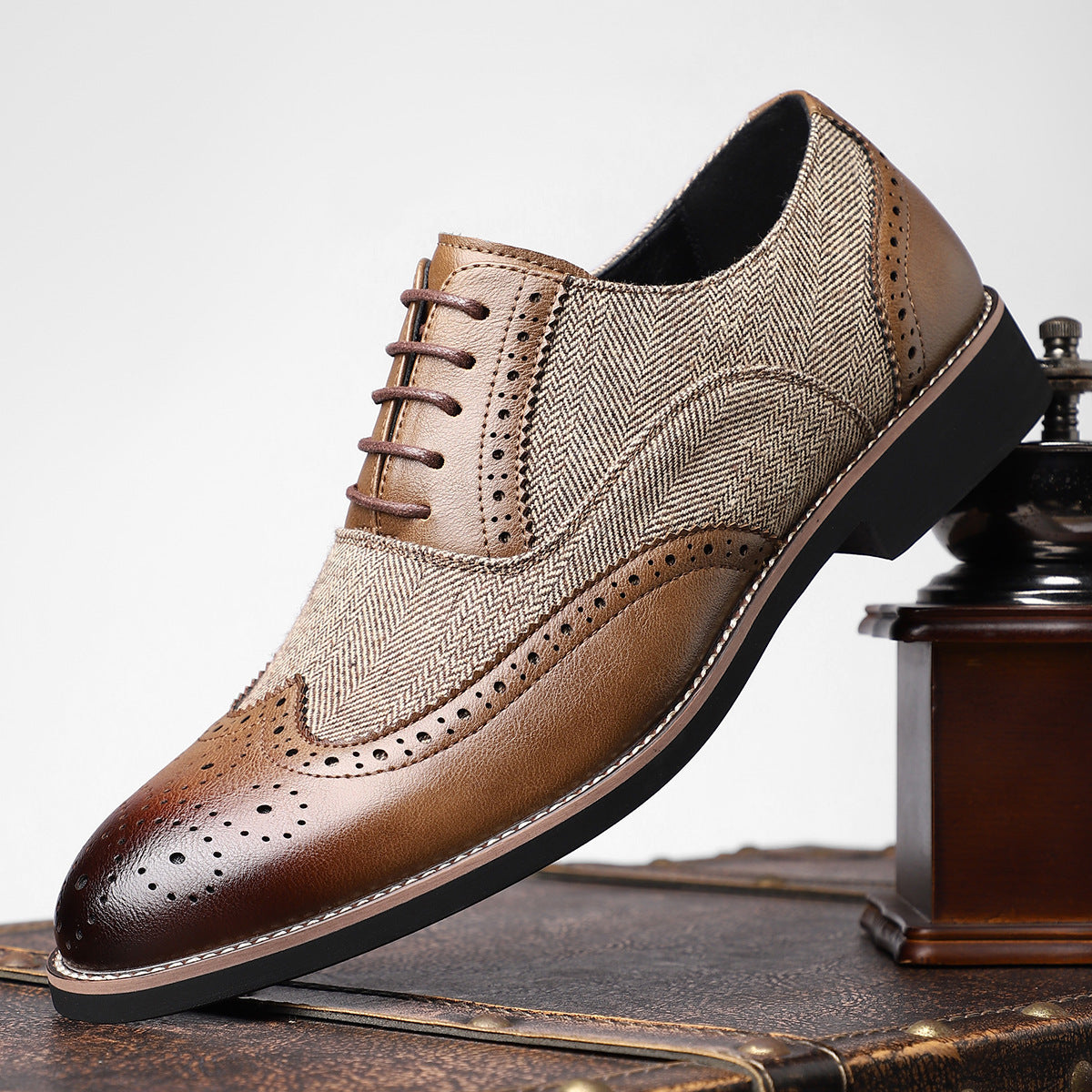 Men's Tweed-Panel Wingtip Brogues