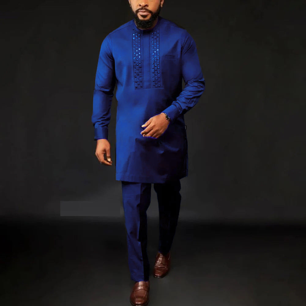 Traditional Muslim African Style Men Wedding New Suit 2 Piece Set Round Neck Long Sleeve Top Plus Pants Foreign Trade