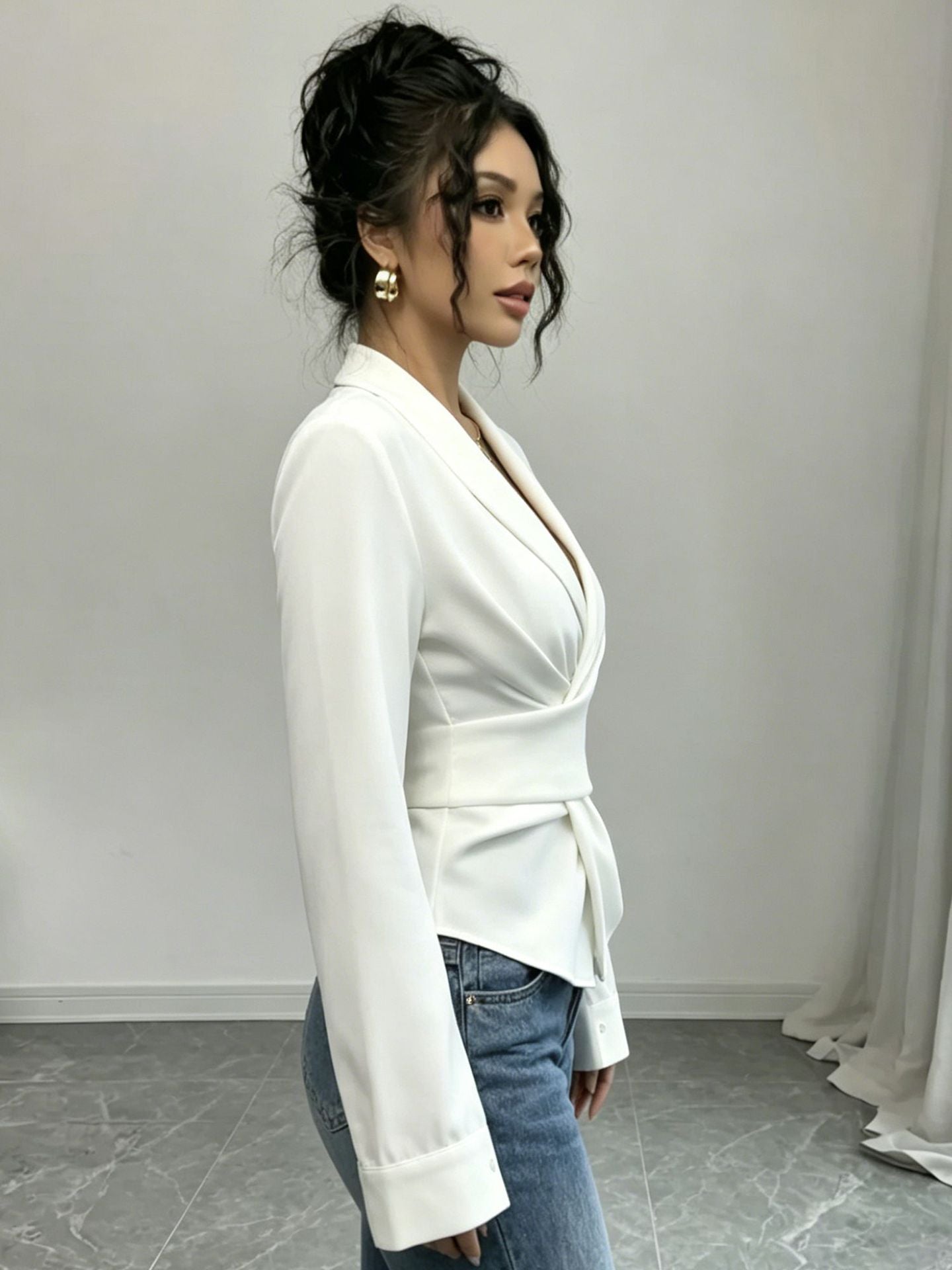 Cropped V-Neck Long-Sleeve Blouse