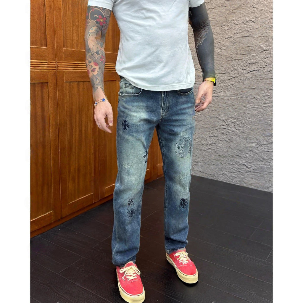 Embroidered Patchwork Straight-Leg Jeans