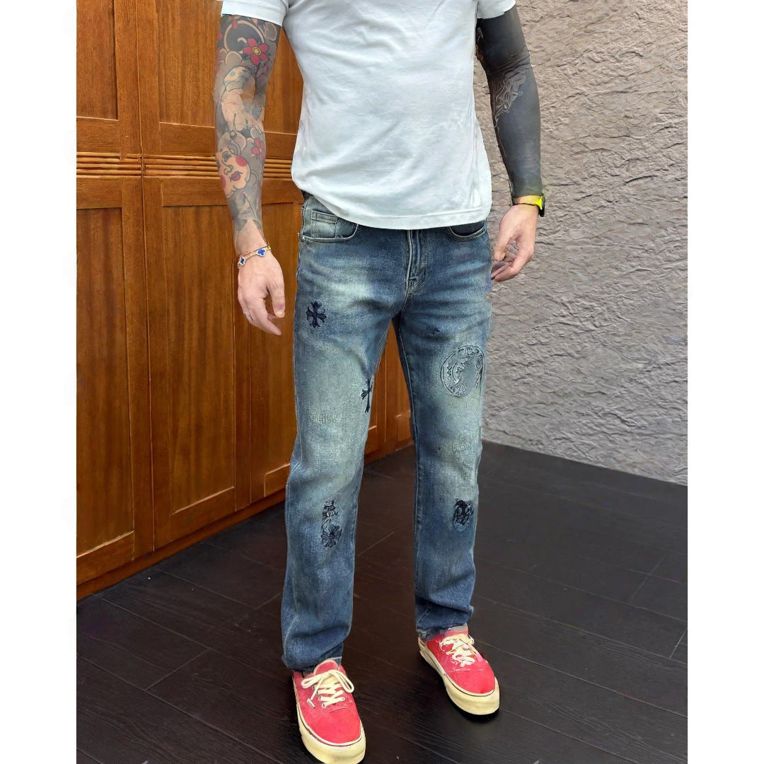 Embroidered Patchwork Straight-Leg Jeans