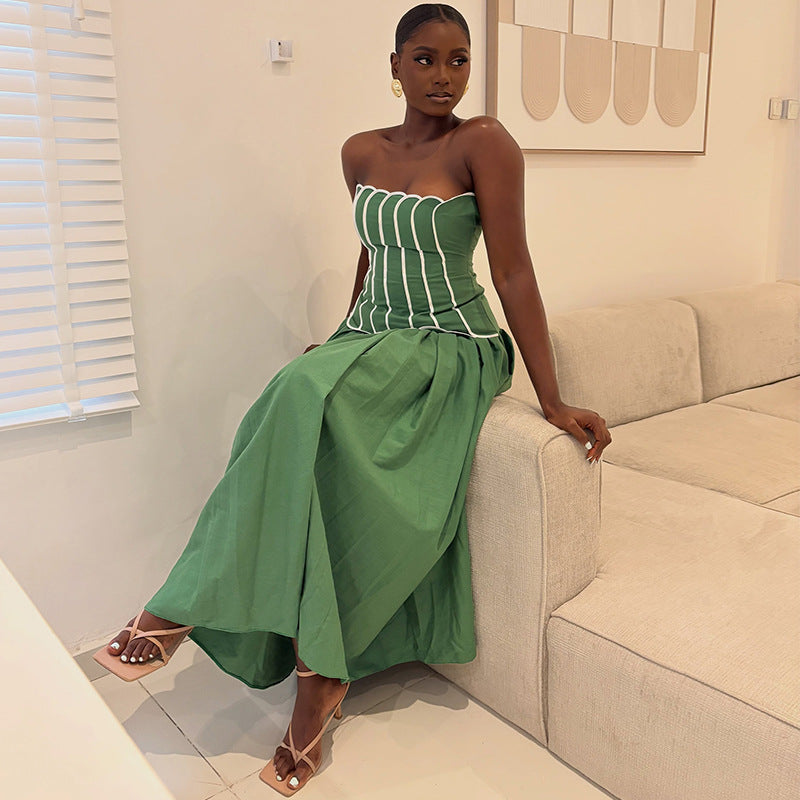 Color-Block Off-Shoulder Pleated Dress