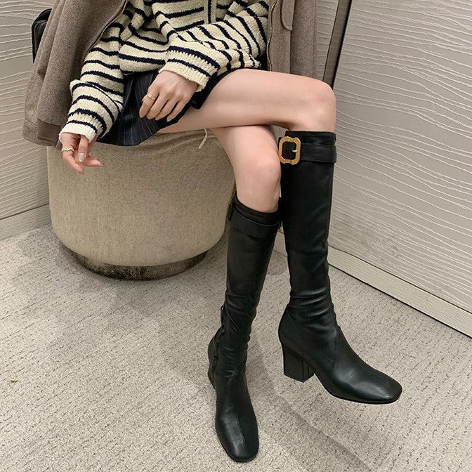 Gold-Button Block-Heel Boots