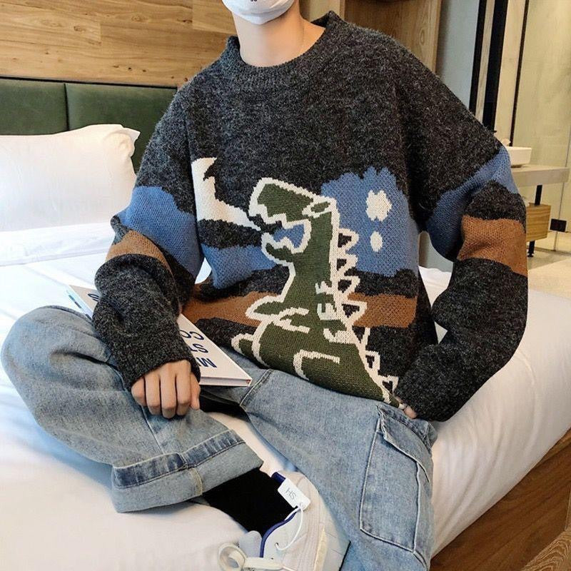 Oversized Dinosaur Intarsia Knit Sweater