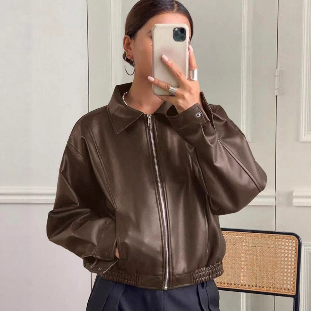 Sleek Faux Leather Bomber Jacket