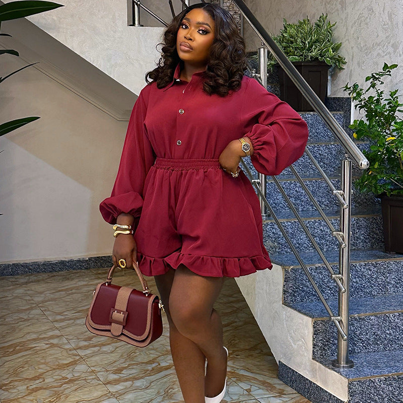 Relaxed Shirt & Ruffle Shorts Set