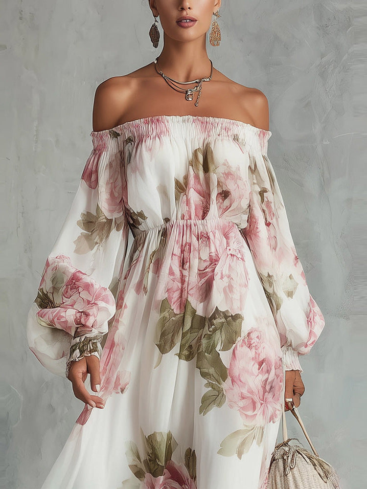 Off-Shoulder Floral Chiffon Dress