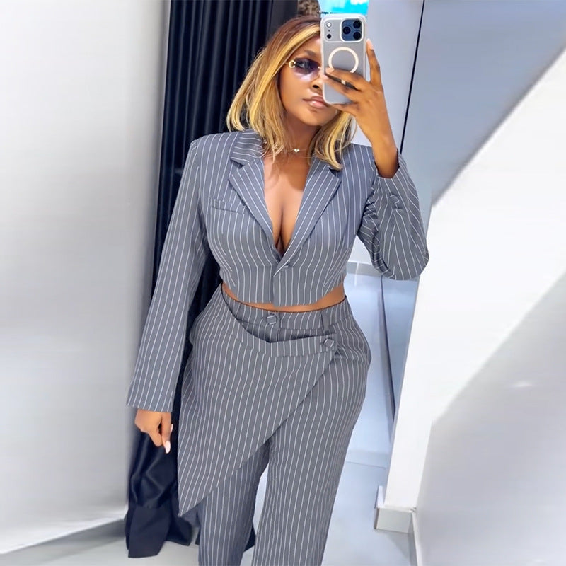 V-Neck Blazer & Striped Pants Set