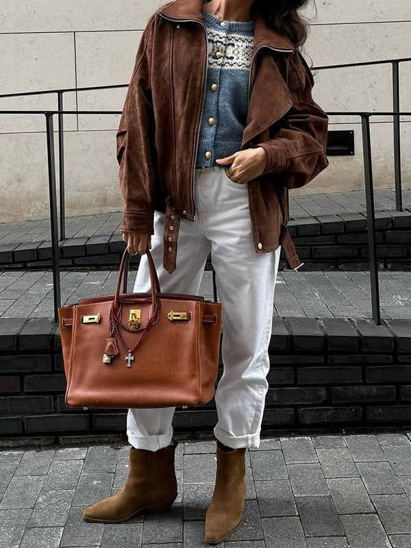Suede Slouchy Utility Bomber Jacket