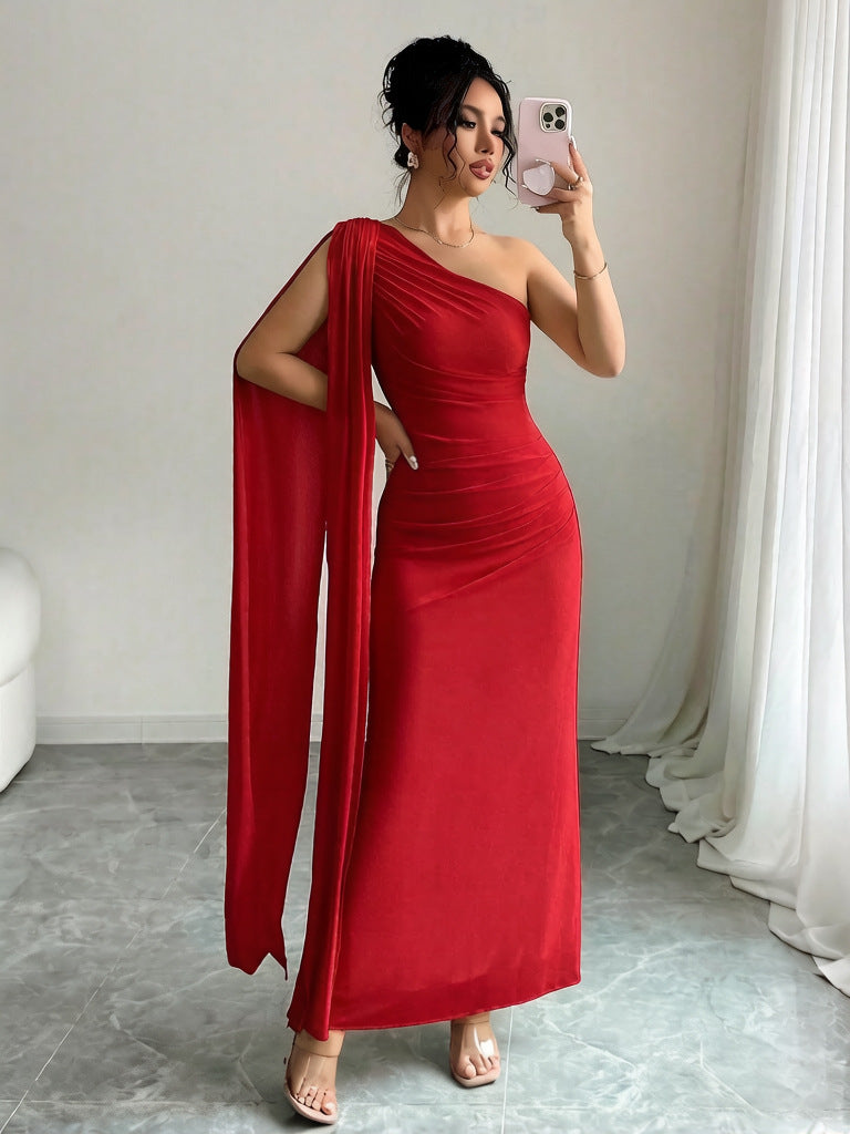 Elegant Mesh One Shoulder Draped Maxi Dress