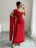 Elegant Mesh One Shoulder Draped Maxi Dress