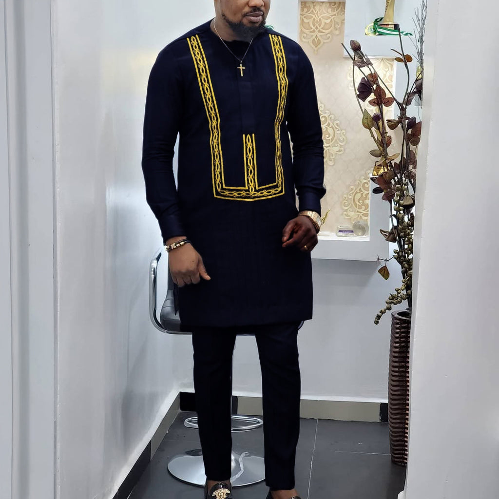 Traditional Muslim African Style Men Wedding New Suit 2 Piece Set Round Neck Long Sleeve Top Plus Pants Foreign Trade